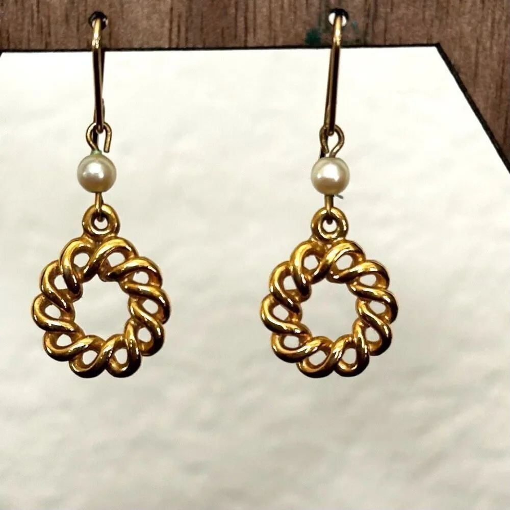 Monet gold tone circle faux pearl drop earrings